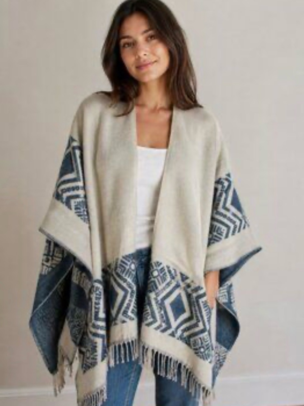 Free People Cream and Navy Geometric Fringe Poncho
